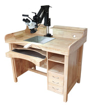 Įkelti vaizdą į galerijos rodinį, Juvelyro darbastalis, skirtas graviravimui ir brangakmenių tvirtinimui - nuotrauka su  mikroskopu (parduodama be mikroskopo)
